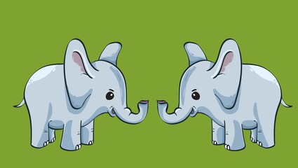 Adorable vector illustration of two baby elephants standing face-to-face with happy expressions, ideal for children’s books, educational materials, nursery decor, and playful graphic designs.