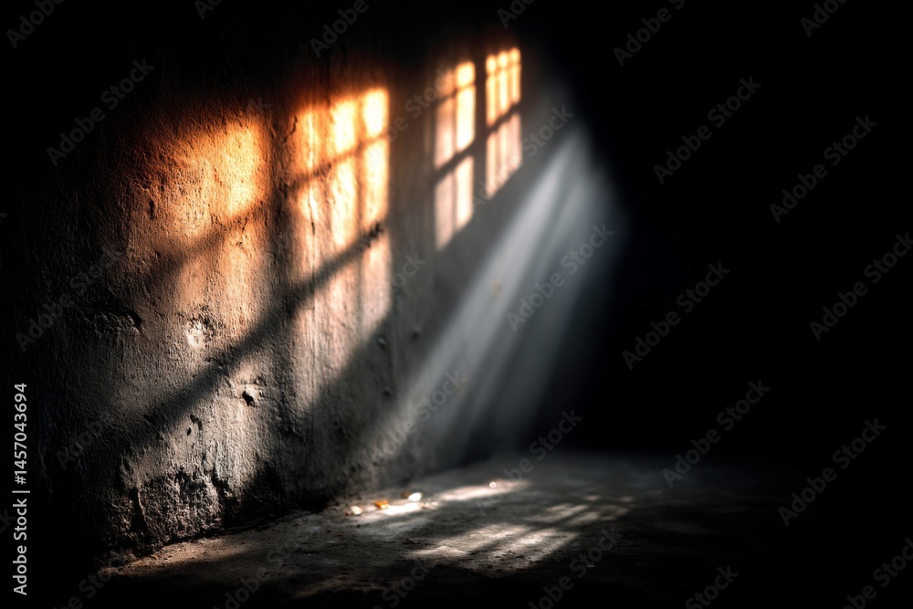 Aufkleber sunlight streams through window into dark room, illuminating rough wall and casting shadow on floor 