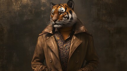 A tiger's head atop a person in a brown leather coat.