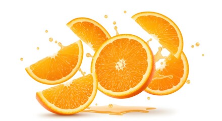 Fototapeta premium image of fresh orange slices flying in mid-air with realistic shadows and soft lighting, isolated on a clean white background