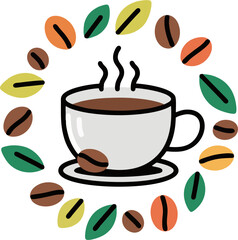 Colorful Vector Coffee Cup Illustration with Circular Coffee Beans and Leaves – Flat Design Hot Beverage Icon