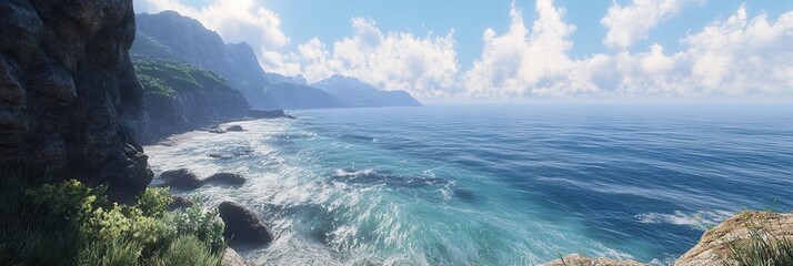 A stunning coastal landscape with cliffs overlooking the ocean, the waves crashing against the rocks below. 