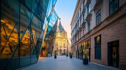Obraz premium Budapest urban alley sharp angles of modern office buildings reflective facades vibrant and professional corporate environment. 