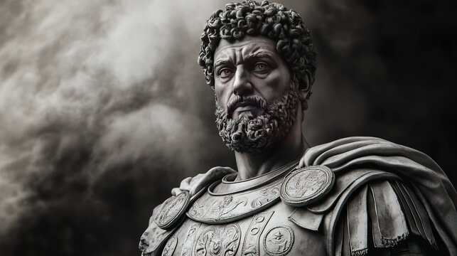 A statue of the Roman emperor Maxentius, with curly hair and beard, wearing ancient Roman armor. The background is a blurred black and white