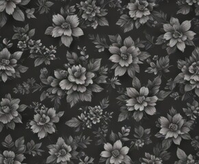 Elegant charcoal floral wallpaper  Tiny blooms and leaves in a repeating seamless design , modern, dark grey, minimal