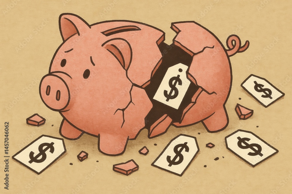 Poster broken piggy bank with money spilling out on a beige background generative ai