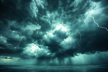 Dark Stormy Ocean Scene with Intense Lightning