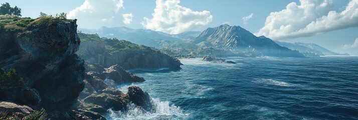 A stunning coastal landscape with cliffs overlooking the ocean, the waves crashing against the rocks below. 