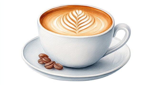 Aromatic Latte Coffee Cup - A delightful illustration of a latte in a white cup, adorned with elegant latte art and accompanied by coffee beans. Perfect for cafe menus or coffee-related content