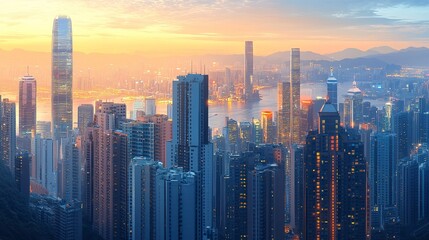 Obraz premium City skyline with elegant skyscrapers glass exteriors minimalist urban design glowing under daylight seamless wallpaper aesthetic. 