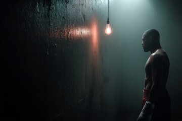 African boxer profile under solitary bulb in dark gritty room, intense preparation, sweat, focus, boxing, gym