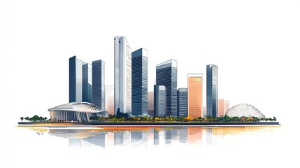 Fototapeta premium Cityscape of Singapore isolated Marina Bay Sands sharp modern skyscrapers sleek design clean urban composition on white. 