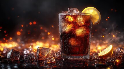 Iced Cola with Lemon, and Fire Background.