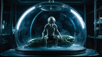 Creepy full-length space alien floats in liquid in hibernation chamber. Anthropomorphic creature in laboratory glass capsule