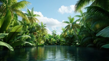 Fototapeta premium Lush tropical scene with vibrant greenery and serene waters under a bright blue sky.