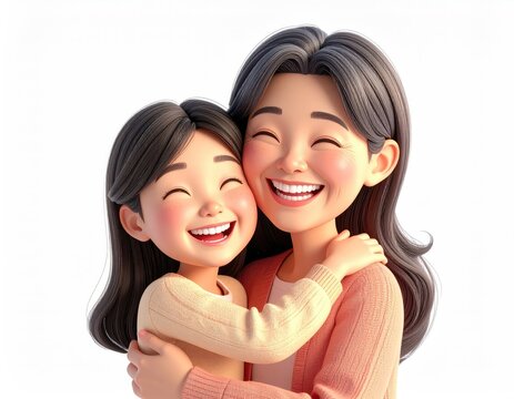 Joyful Mother and Daughter Embrace: A heartwarming 3D illustration