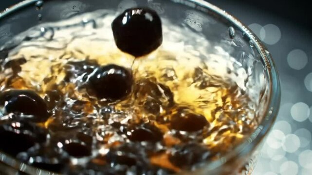Boba Pearls Dropping into Tea in Slow Motion