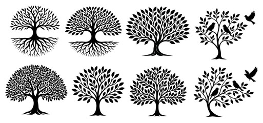 Decorative Tree Silhouettes with Roots and Birds Collection