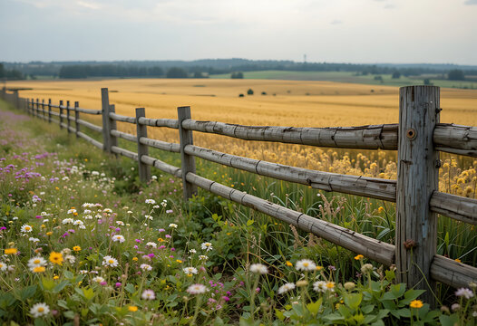Golden wheat fields extend under a cloudy sky with wildflowers blooming near a rustic wooden fence