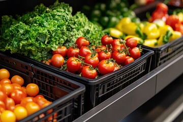Fresh produce display of tomatoes and greens.  Clusters of vibrant red and orange cherry tomatoes, along with fresh green leafy greens, are displayed in black plastic crates on a supermarket shelf.