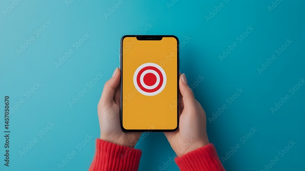 Poster a person adjusting a mobile screen with a target icon. long_title:a close-up view of a person's hand