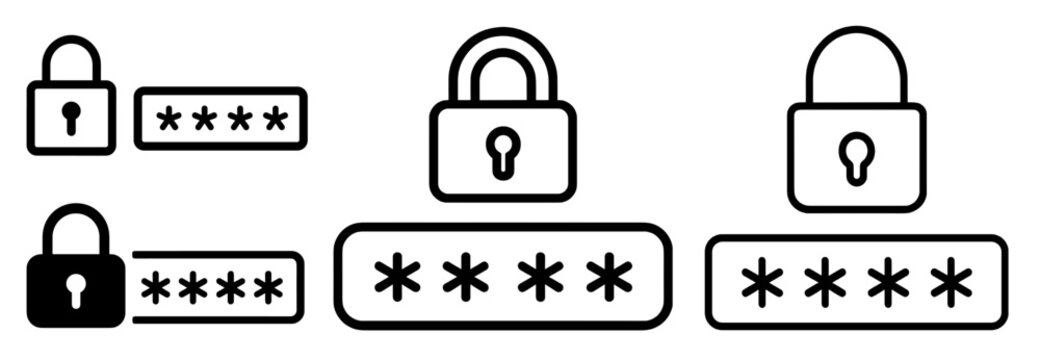 Set of password security icons with padlock and asterisks