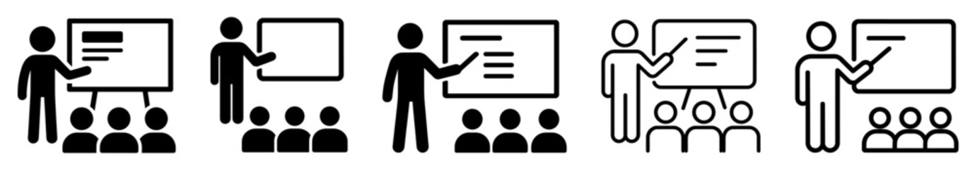 Set of teacher and classroom icons with students and board