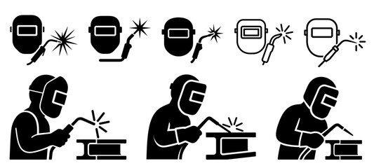 Welding Icon Set with Worker Silhouettes and Tools