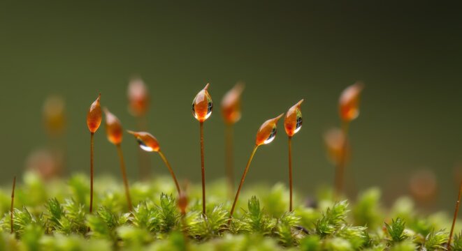 Delicate moss sporophytes, tipped with orange capsules and glistening water droplets, emerge from a soft green carpet