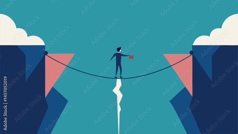 Poster balancing act a tightrope walker representing a public figure precariously balances between two clif