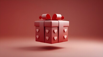 3D Render of Romantic Gift Box with Heart Decorations and Ribbon on Pink Background