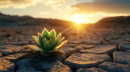 Desert plant grows on dry cracked earth in the sunset light. Drought concept