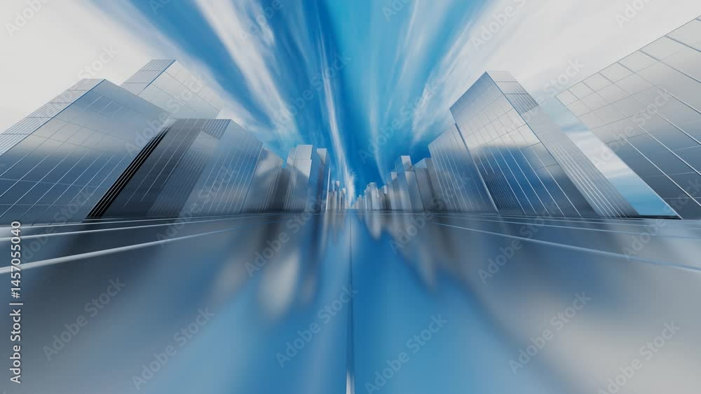Poster endless forward movement inside a 3d model of a city with skyscrapers against a blue sky with white 