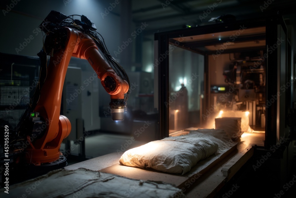 Poster automated industrial robot examining material with scanner in a manufacturing factory setting, utili