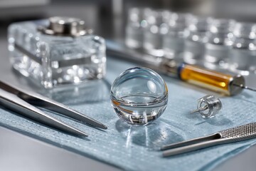 Close-up of Laboratory Glassware with Tweezers, Vial, and Needle for Experimentation and Scientific Research