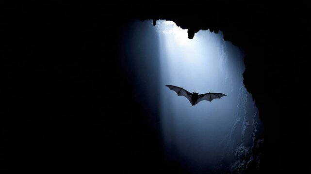 A bat flying through a dark cave illuminated by a beam of light, showcasing its natural habitat