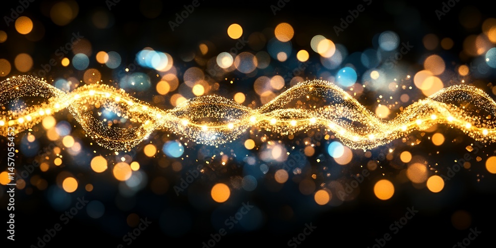 Poster golden glittering particles wave abstract background sparkling lights bokeh effect ideal for festive