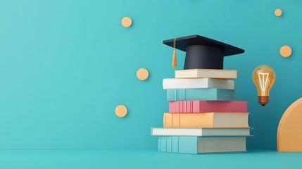 Floating books and graduation cap symbolize academic achievement