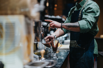 A bartender in an apron diligently prepares a cocktail, showcasing skill and artistry. The cozy atmosphere of the bar complements the process, emphasizing the dedication and authenticity of the craft.