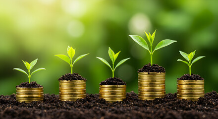Financial Growth Concept with Young Plants on Coin Stacks Against Defocused Green Background