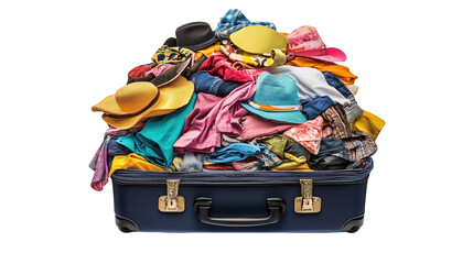 Suitcase overflowing with vibrant clothing and a collection of diverse hats ready for adventure