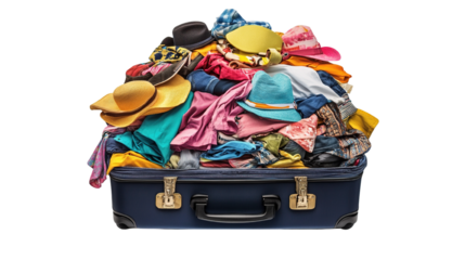 Suitcase overflowing with vibrant clothing and a collection of diverse hats ready for adventure