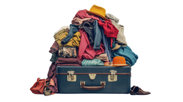 Overstuffed vintage suitcase piled with clothing, travel preparation concept