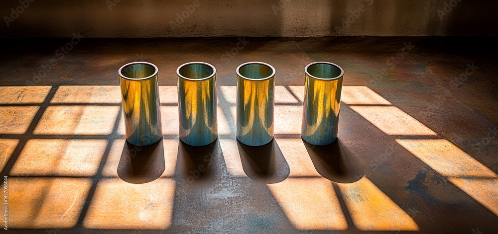 Aufkleber four metallic cylinders reflecting sunlight cast shadows on a textured floor creating an abstract st