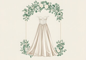 Elegant wedding gown illustration, adorned with delicate lace and framed by eucalyptus and roses.