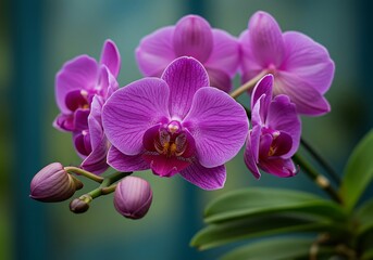 Fototapeta na wymiar Close-up of vivid purple orchids with delicate petals. The lush flowers stand out against a soft green background, showcasing natural elegance and charm.