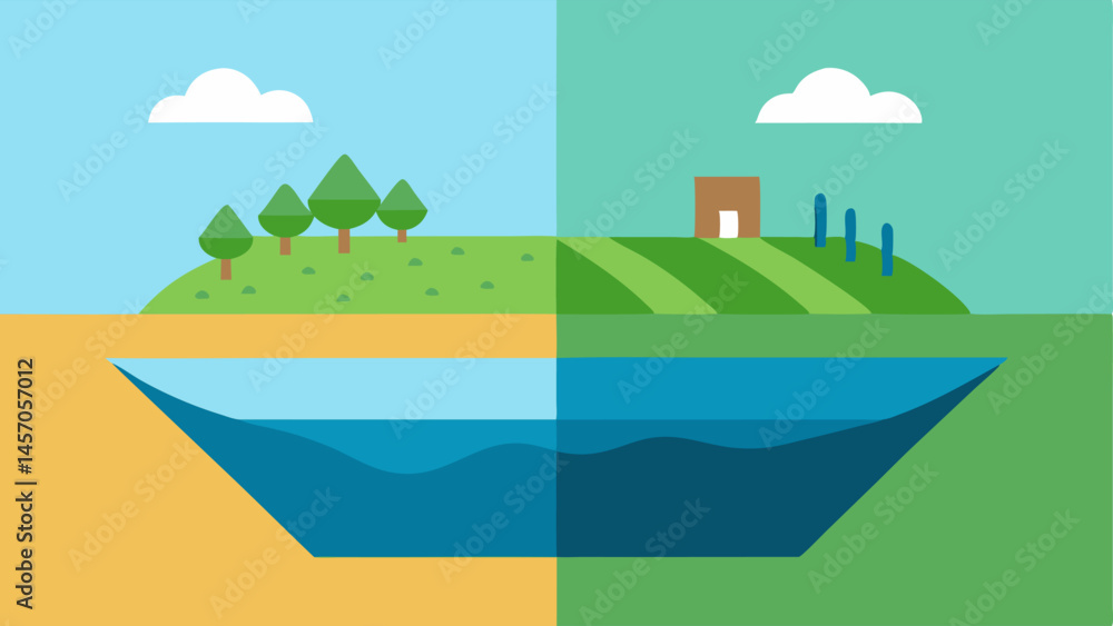 Poster comparison of land use a split image contrasting lush farmland with a water table above it on one si