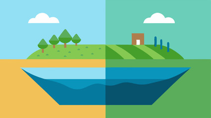 Comparison of Land Use A split image contrasting lush farmland with a water table above it on one side and a dry urban area with a sunk water table on the other.