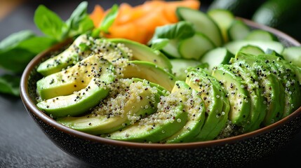 Close up of avocado power bowl sliced avocado quinoa and vibrant vegetables The shallow depth of field highlights the smooth texture of the avocado and fresh ingredients bathed in soft natural light