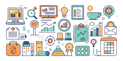 Fototapeta premium Hand drawn style business and finance icons representing growth and analytics